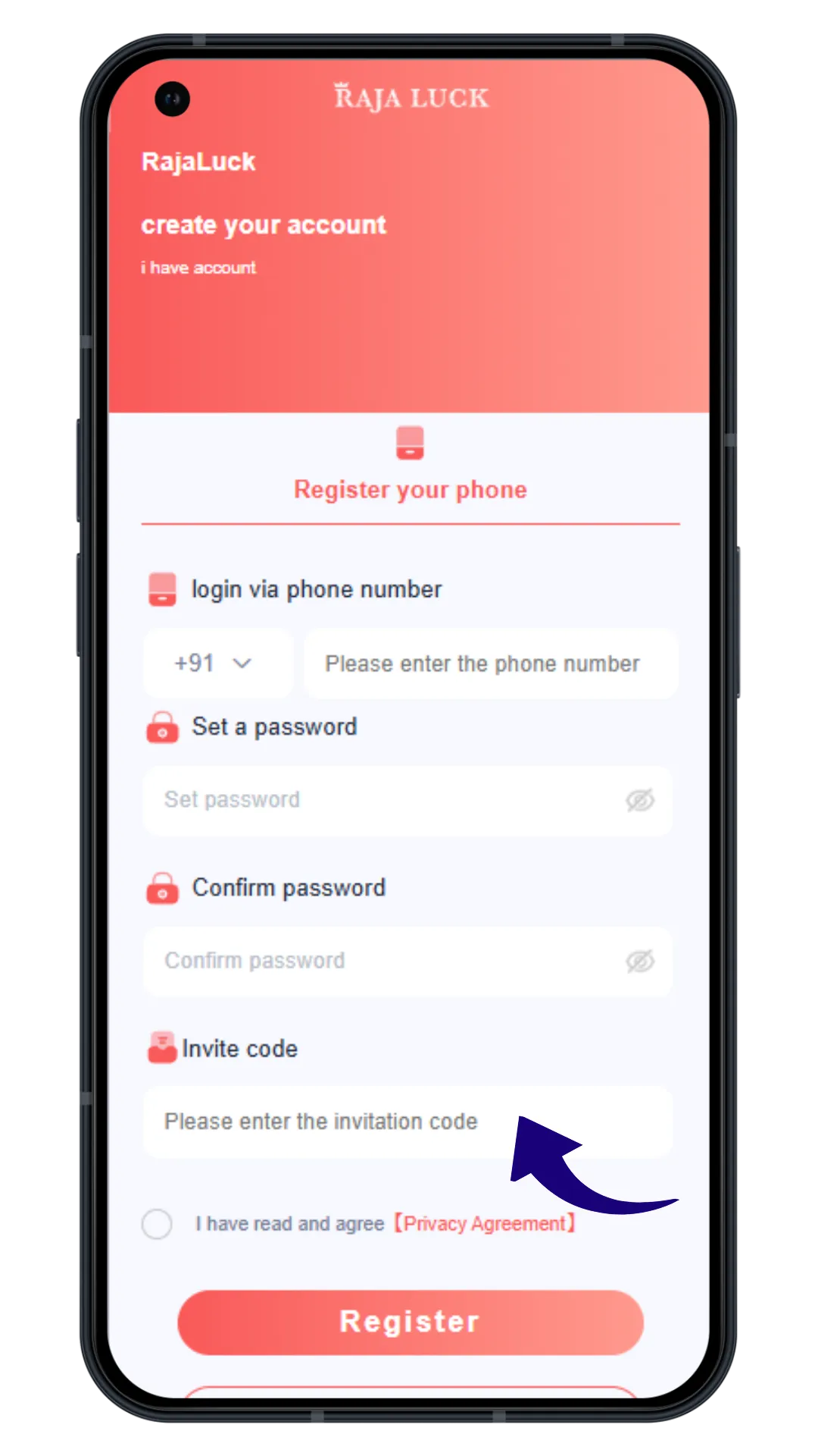 Entering invite code on Raja Luck